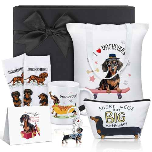 7 Pcs Dachshund Gift Sets for Women Include Weiner Dog Keychain Cosmetic Bag Socks Mug Tote Bag Cards with Gift Box for Christmas Dachshund Lovers Gifts