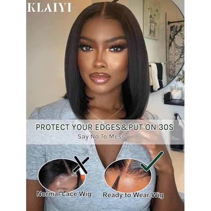 KLAIYI Bob Wig Human Hair Bye Bye Knots Glueless Wear and Go Wig with Drawstring Pre Cut 7x5 Lace Front Pre Plucked Bleached Short Straight Put on Go Beginner Wigs 3S Ready to Go Pre Everything 10Inch