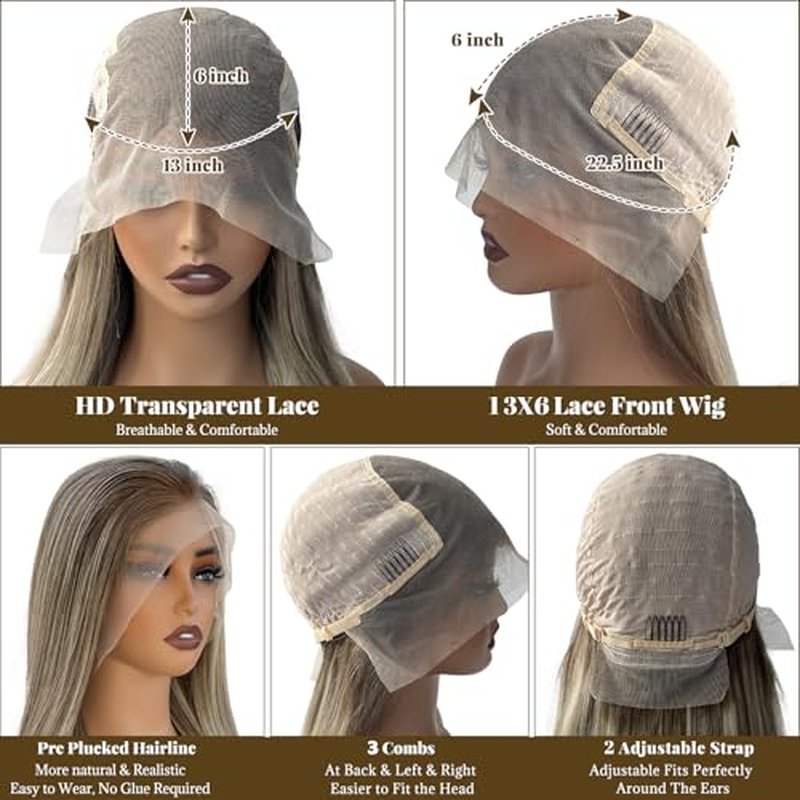 18 Inch Highlights Brown Human Hair Wigs for White Women Ombre Ash Brown Mixed Balayage Blonde with #3 Brown Roots 13x6 HD Glueless Lace Front Wig Human Hair 180% Density Pre Plucked Bleached Knots