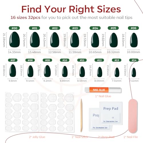 Modelones Dark Green Press on Nails Almond, Christmas Short Almond Fake Nails, Reusable Nail Kit with Nail Glue Adhesive Tabs Mini Nail File, Nails Press Ons 32Pcs 16 Sizes