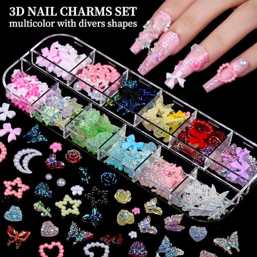FANDAMEI Nail Charms, Nail Rhinestones Kit with 8 Boxes of Nail Gems, 3D Charms for Nails, Colorful Clear Flatback Rhinestones, Multi Shape Pearls Jewels Crystals for Craft