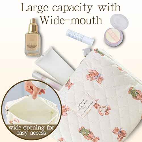 3Pcs Quilted Makeup Bag for Women, Large Travel Makeup Bag Set, Cute Aesthetic Cosmetic Bags, Floral Cotton Makeup Pouch Coquette Toiletry Organizer Bag