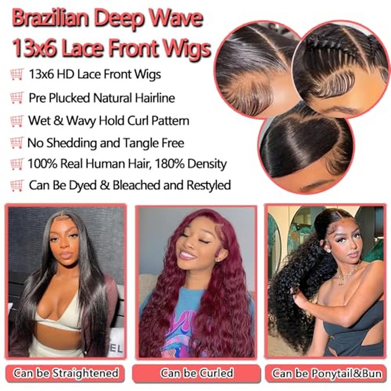30 Inch Deep Wave Lace Front Wigs Human Hair Pre Plucked 13x6 HD Lace Front Wigs Human Hair 180% Density Deep Curly Wig Frontal Glueless Wigs Human Hair for Women