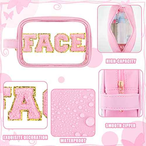Sotiff 3 Pcs Preppy Patch Makeup Bag Cosmetic Bag Travel Toiletry Bag for Women Chenille Letters Patch Bag with Handle Waterproof Portable Preppy Purse Zipper Pouch for Girls (Colorful,PU)