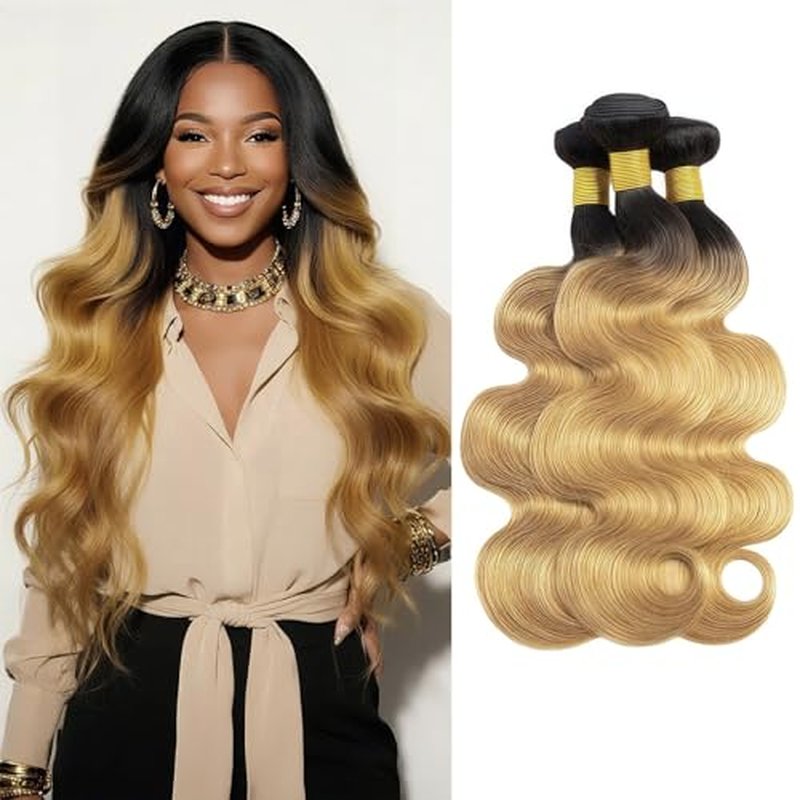 T1B/27 Body Wave Human Hair Bundles 26 28 30 Inch 3 Bundles Brazilian Virgin Remy Hair Extensions Ombre Natural Black to Honey Blonde Weave for Black Women