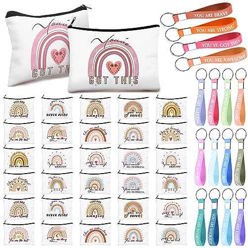 Hillban 64 Pcs Christmas Gift for Women Bulk 32 Rainbow Canvas Makeup Bag with 32 Inspirational Quote Keychains Zipper Cosmetic Bag Travel Toiletry Coin Pouch for Thanksgiving Xmas Birthday Holiday