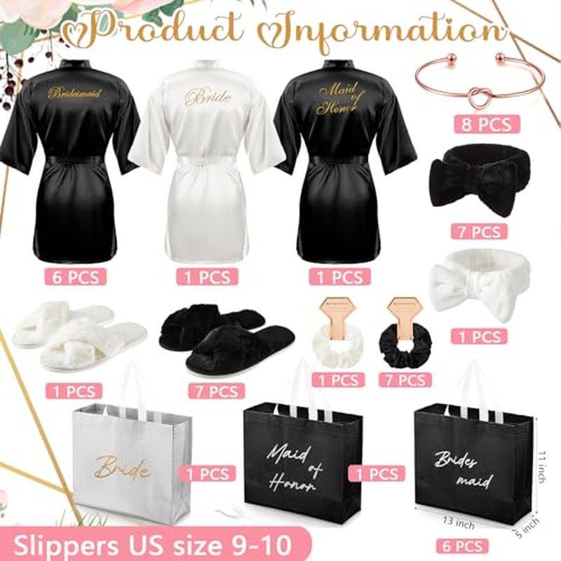 48 Pcs Bridesmaid Bride Robes Set of 8 Bridal Party Silk Satin Robes for Wedding Bachelorette Party Gifts (White,Black)