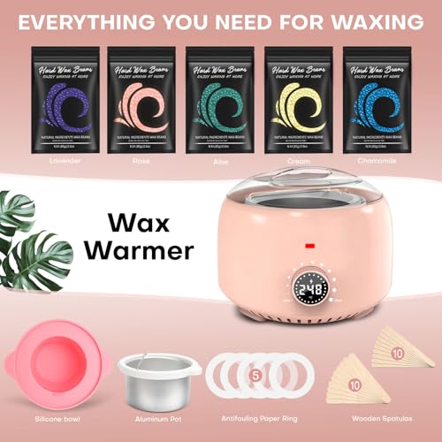 Waxing Kit for Women with 14oz 5 Bags Hard Wax Beans, Digital Display Blush