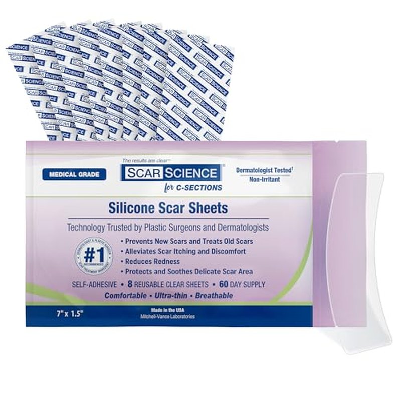 C Section Scar Silicone Strips for Surgical Scars, Tummy Tuck, and Postpartum Recovery - Tape for Scars - Reusable Silicone Scar Sheets - C Section Recovery Must Haves - Large 7-Inch Size, 8-Pack