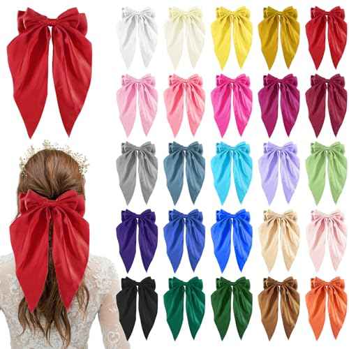 25pcs Satin Big Hair Bows for Women,Multi-color Bulk Silky Bow Hair Clips,Oversized Long Tail Hair Ribbon Bows Hairpins, Cute Women Hair Bow Accessories Gifts