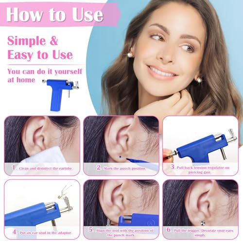 Ear Piercing Gun Kit, Reusable Ear Nose Piercing Gun Machine with Stainless Steel Piercing Earrings Studs, Crystal Earrings for At Home Salon Earlobe Cartilage Helix Tragus Piercing Tool Set