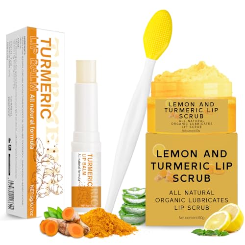 3PCS Turmeric Lemon Lip scrub and Turmeric Lip Balm with Brush Set, Lip Scrubber Exfoliator, Dark Lips Treatment for Smokers, Natural Exfoliator & Moisturizer Cracked, Dull, Reduce Fine Lines Lips