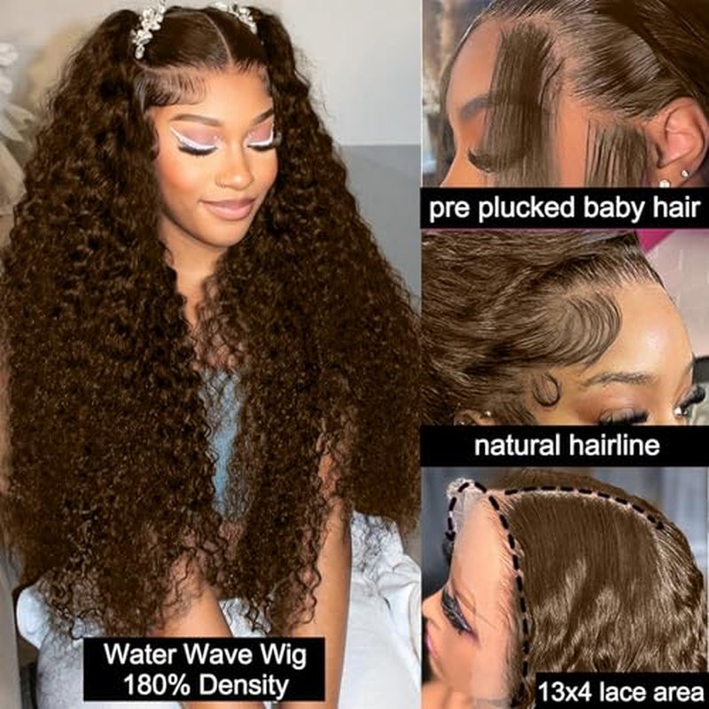 26 Inch Chocolate Brown Deep Wave Lace Front Wigs Human Hair 220 Density 4# 13x4 HD Lace Frontal Wigs Curly Human Hair Brown Glueless Wig For Women Pre Plucked with Natural Hairline