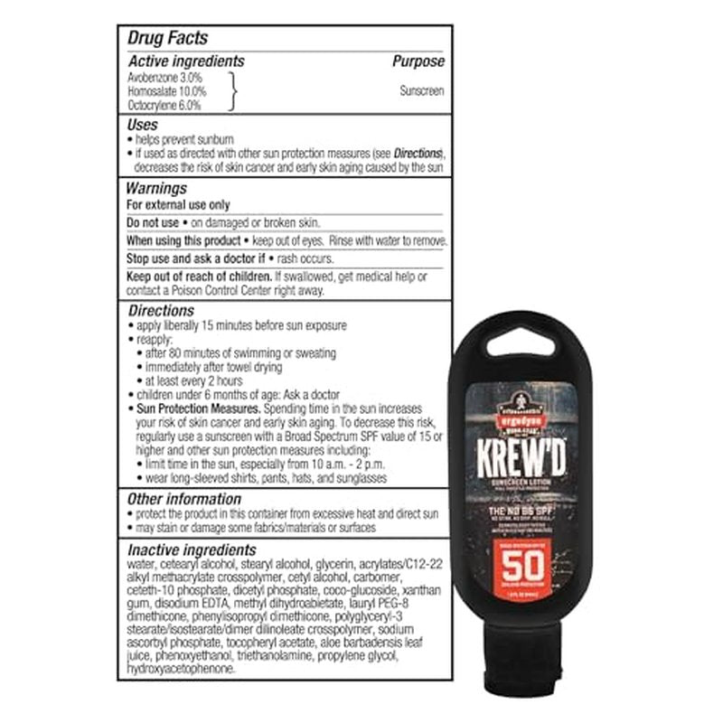 Ergodyne KREW¡¯D 6352 Sunscreen Lotion, Broad Spectrum SPF 50, Water Resistant, Travel Size 1.5 oz, 12-Pack