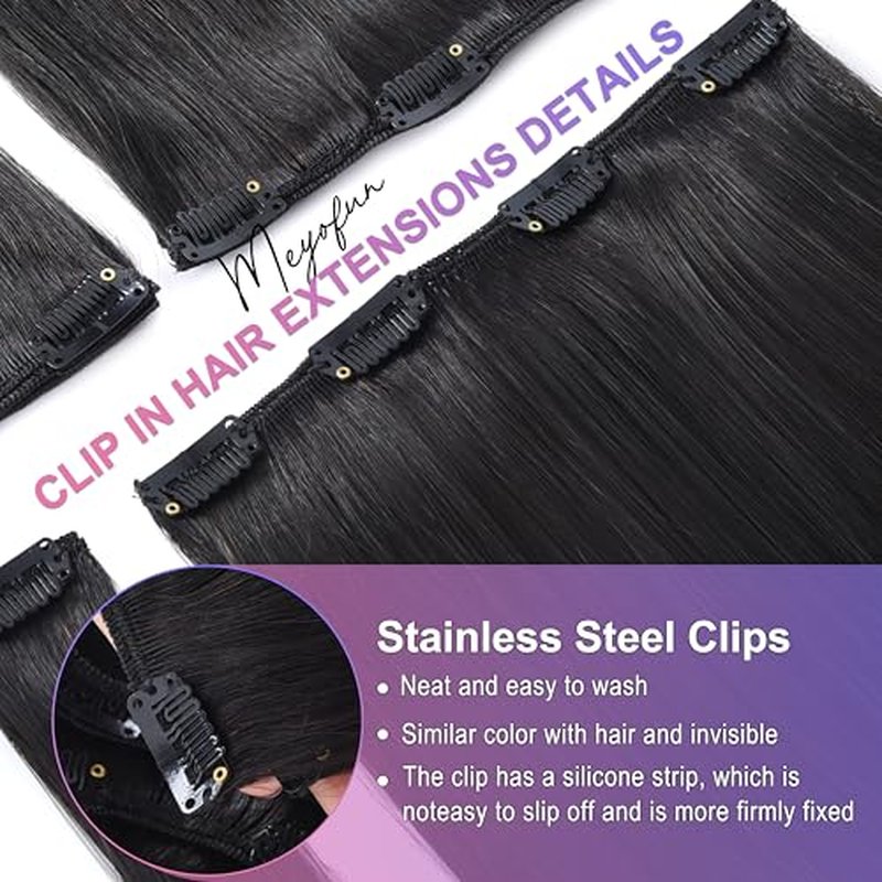 Clip in Hair Extensions Real Human Hair, 24 Inch 120g, 1B Natural Black, Invisible Seamless Straight Remy Human Hair Clip in Extensions for Women 8pcs Per Set with Double Weft