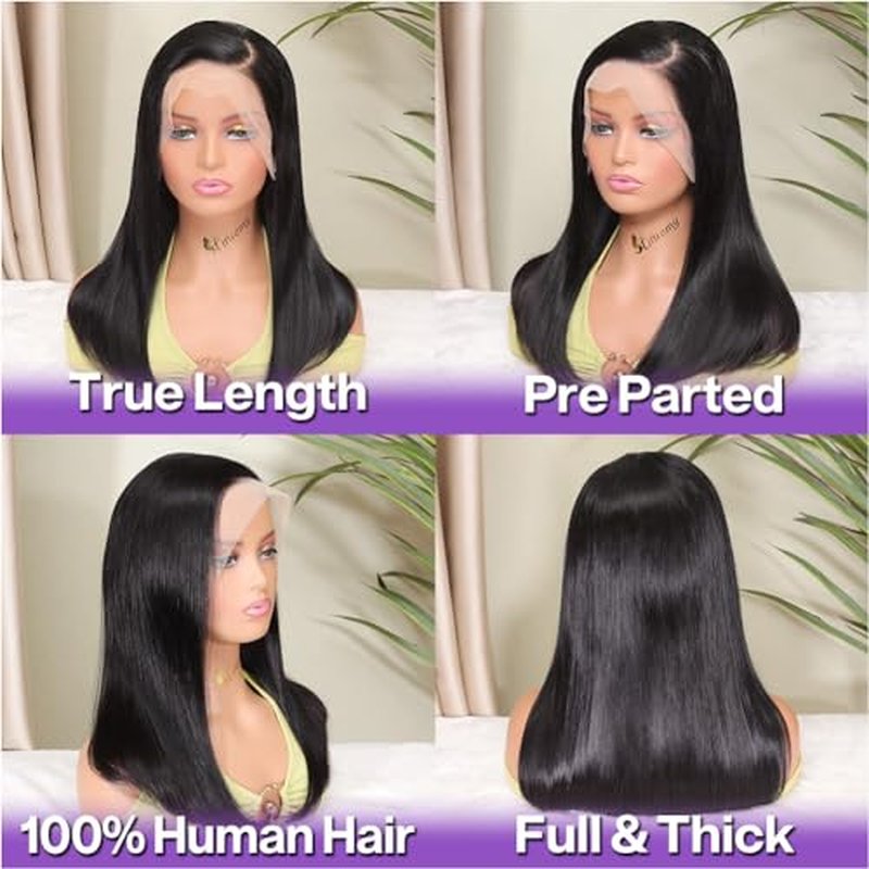 Bob Wig Human Hair 13x4 HD Lace Frontal Short Straight Lace Front Bob Wigs for Black Women Human Hair Pre Plucked Glueless Side Part 180% Density Black Color 18 Inch