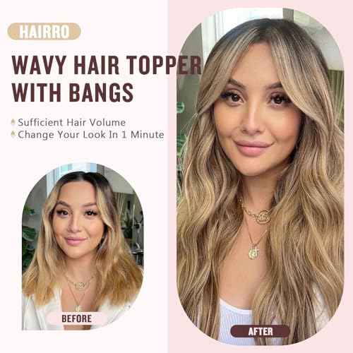 Hairro 18 Inch Long Hair Toppers Wavy with Side Bangs for Women, Clips In Synthetic Hairpieces Capless, for Adding Volume/Birthday/Party/Halloween/Cosplay Dress Up, Natural Black