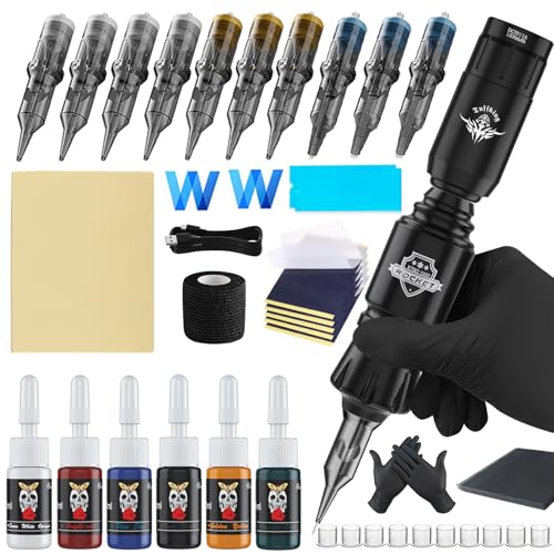 Tattoo Gun Kit for Beginners Complete Set, Rotary Wireless Tattoo Pen Kit, Complete Tattoo Supplies Set for Beginners, with 1300 mAH Power Supply, 10Pcs Catridges Needles (Battery-I-45Pcs)