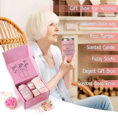 Gifts Baskets for Women, Birthday Baskets for Mom, Sister, Her, Employee, Wife, Thanksgiving Day, Christmas Gifts for Women, Care Package, Gift Sets with Canvas Tote Bag Sock Tumbler Soap Flower