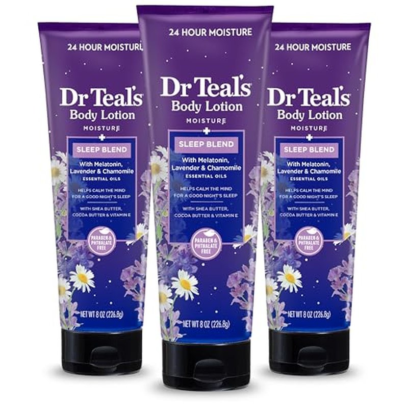 Dr Teal's Sleep Body Lotion, 24-Hour Moisture, with Melatonin, Lavender & Chamomile Essential Oils, 8 fl oz (Pack of 3)