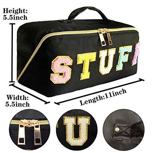 Stoney Clover Dupes Preppy Makeup Bag Black Stoney Clover Stuff Bag for Travel Chenille Letter Bag Large Capacity Travel Cosmetic Bag Nylon Pouch
