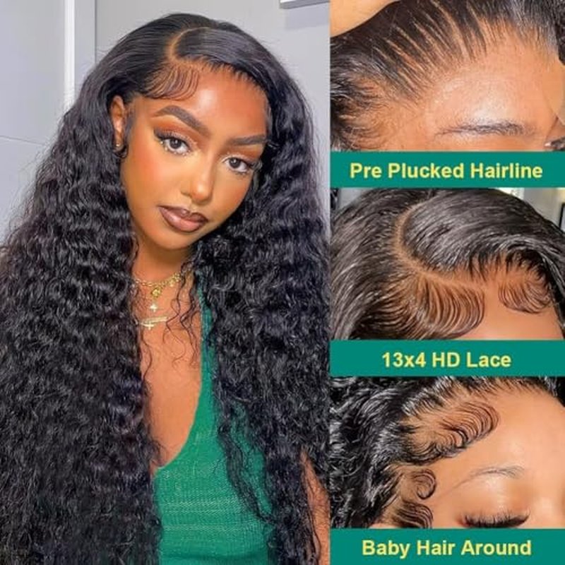 Sweetie 28 Inch Deep Wave Lace Front Wigs Human Hair 210% Density 13x4 HD Transparent Lace Frontal Wigs Deep Curly Human Hair Wig for Women 12A Deep Curly Wigs Human Hair Pre Plucked with Baby Hair
