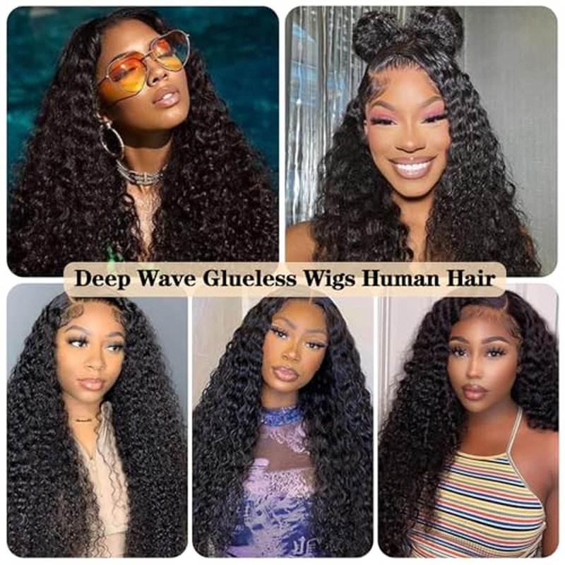 Wear and Go Glueless Wigs Human Hair Pre Plucked Pre Cut 5x5 HD Closure Wigs Human Hair Deep Wave Lace Front Wigs for Black Women 210% Dentisy 12A Deep Curly Glueless Wig Bleached Knots (22 Inch)