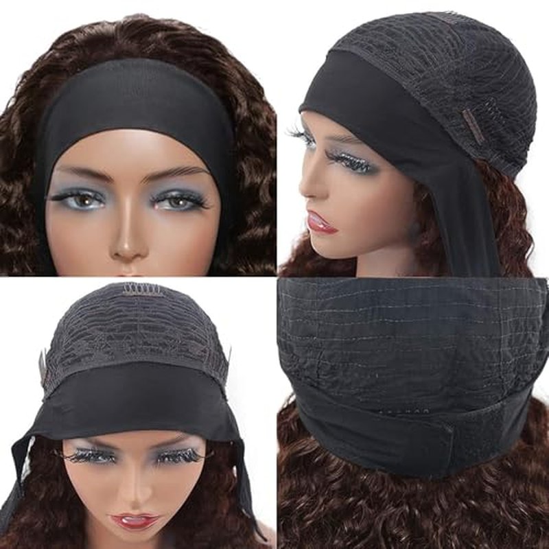 Headband Wig Human Hair Deep Wave Half Wigs Glueless None Lace Front Wigs with Headband Attached Brazilian Human Hair Headband Wigs Glueless Curly Hair for Black Women(24 Inch, Chocolate Brown)