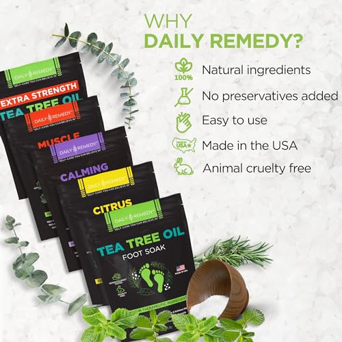 DAILY REMEDY Foot Soak Salts- Variety Pack of 4- Tea Tree Oil, Muscle Relief, Calming Lavender & Citrus Soak- For Foot Pain, Soreness, Athlete¡¯s Foot, Odors, Calluses-Made In USA