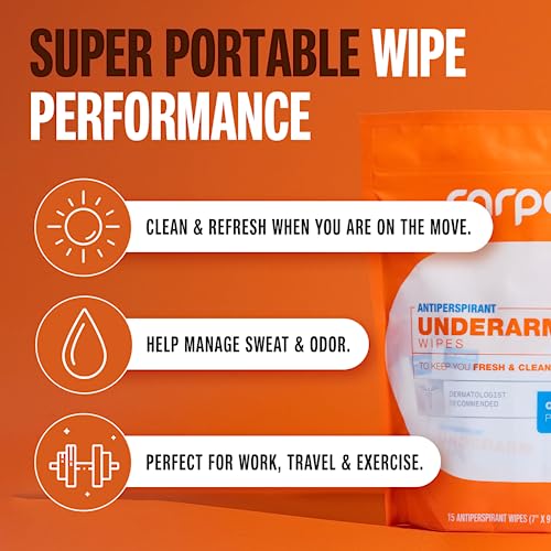 Carpe Antiperspirant Underarm Wipes for Sweat Blocking, Deodorizing, and Cleansing When You¡¯re On the Move - 15 Residue Free, Individually Wrapped Wipes - Clean and Refreshing Scent
