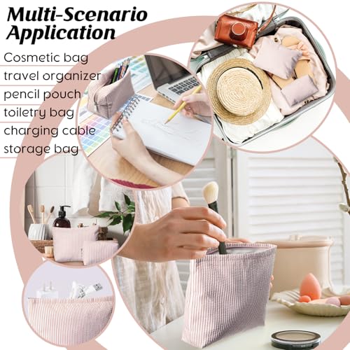 2 Pieces Makeup Bag Set Cute Cosmetic Pouch for Women Seersucker Travel Toiletry Bag Preppy Small Makeup Purse Pouch Aesthetic Skincare Brushes Storage Organizer for Women(Khaki)