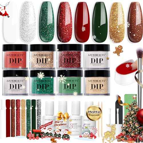 AZUREBEAUTY 30Pcs Dip Powder Nail Kit Starter, 8 Colors Green Red Gold Silver White with Nail Sticks, Nail Art Liquid Set with Matte/Base/Top Coat Activator for French Manicur