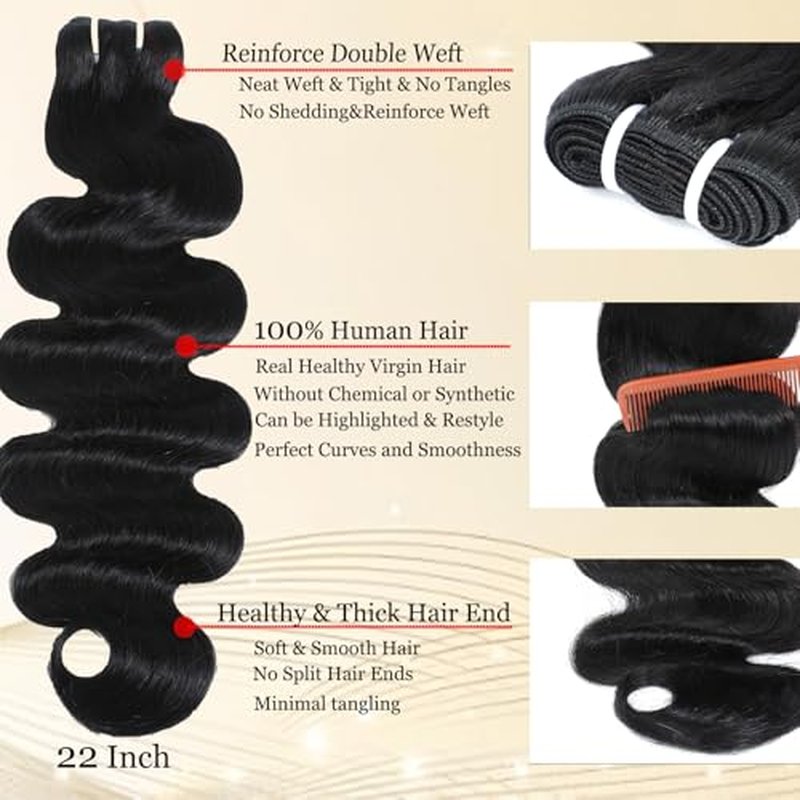12A Human Hair Bundles Body Wave Thick 3 Bundles 100% Unprocessed Brazilian Virgin Human Hair Quick Weave Real Human Hair Extensions Natural Black 18 20 22 Inch