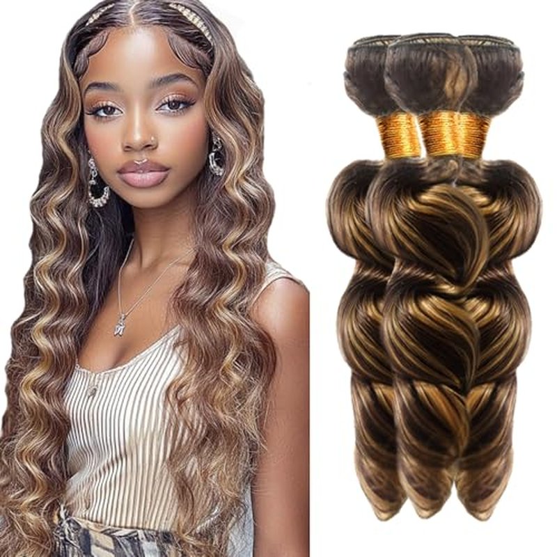 P4/27 Highlight Blonde Bundles Human Hair Loose Wave Bundles 34 34 34 Inch Human Hair Weave 3 Bundle Unprocessed Brazilian Virgin Hair Brown Loose Deep Wave Human Hair Extensions 50 Grams/Bundle