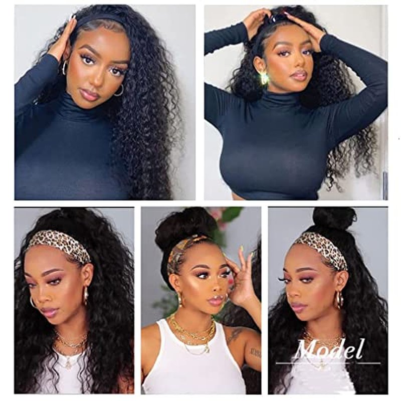 Deep Wave Headband Wig Human Hair 24 Inch Curly Headband Wigs for Black Women Human Hair Glueless None Lace Front Wig Brazilian Virgin Hair Wear and Go Wigs 150% Density Natural Black Color