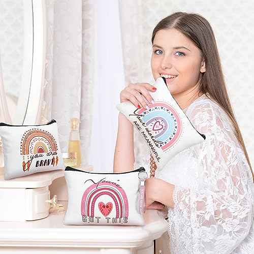 Hillban 64 Pcs Christmas Gift for Women Bulk 32 Rainbow Canvas Makeup Bag with 32 Inspirational Quote Keychains Zipper Cosmetic Bag Travel Toiletry Coin Pouch for Thanksgiving Xmas Birthday Holiday