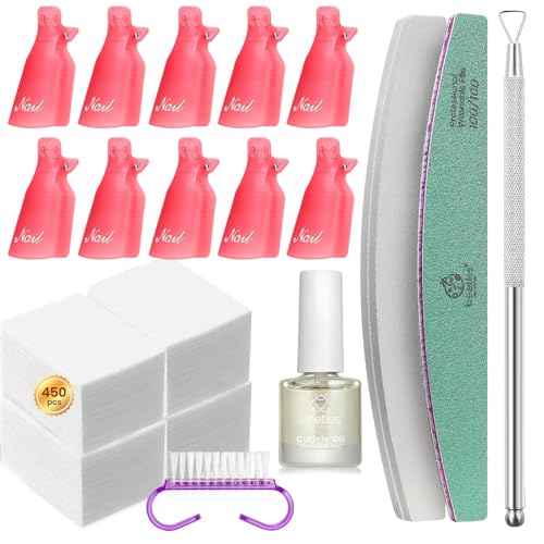 Beetles Gel Polish Remover Kit with 450 Pcs Lint Free Nail Wipes 10 Pcs Gel Polish Remover Clips Cuticle Oil Cuticle Pusher Nail File