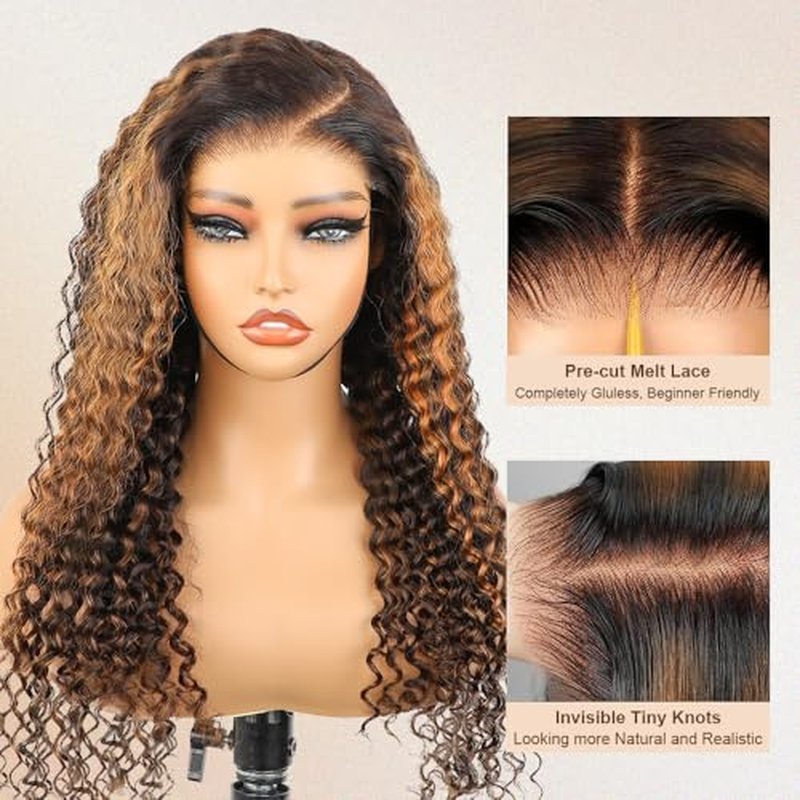 BLY Highlight Wear and Go Glueless Wig Water Wave Human Hair Wigs for Women 16 Inch 5x7 HD Lace Pre Cut Pre Plucked 2/30 Ombre Brown Colored Deep Wave Lace Front Wig 180% Density