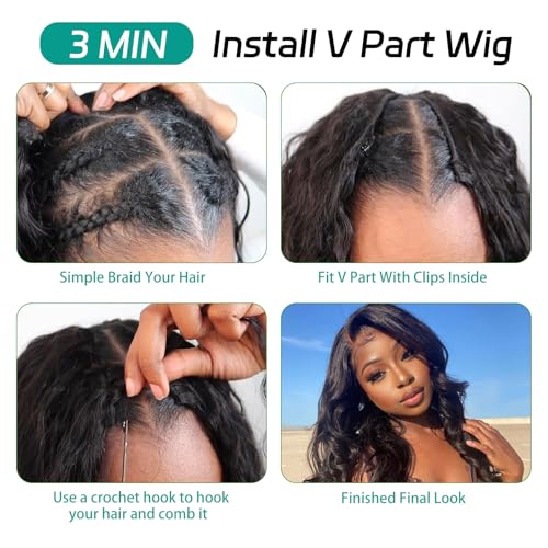 V Part Wig Human Hair Body Wave Glueless No Leave Out Upgrade 16 Inch U Part Wigs Human Hair Clip In Half Wigs 100% Real Human Hair Elastic Drawstring For Women 180% Density Nutural