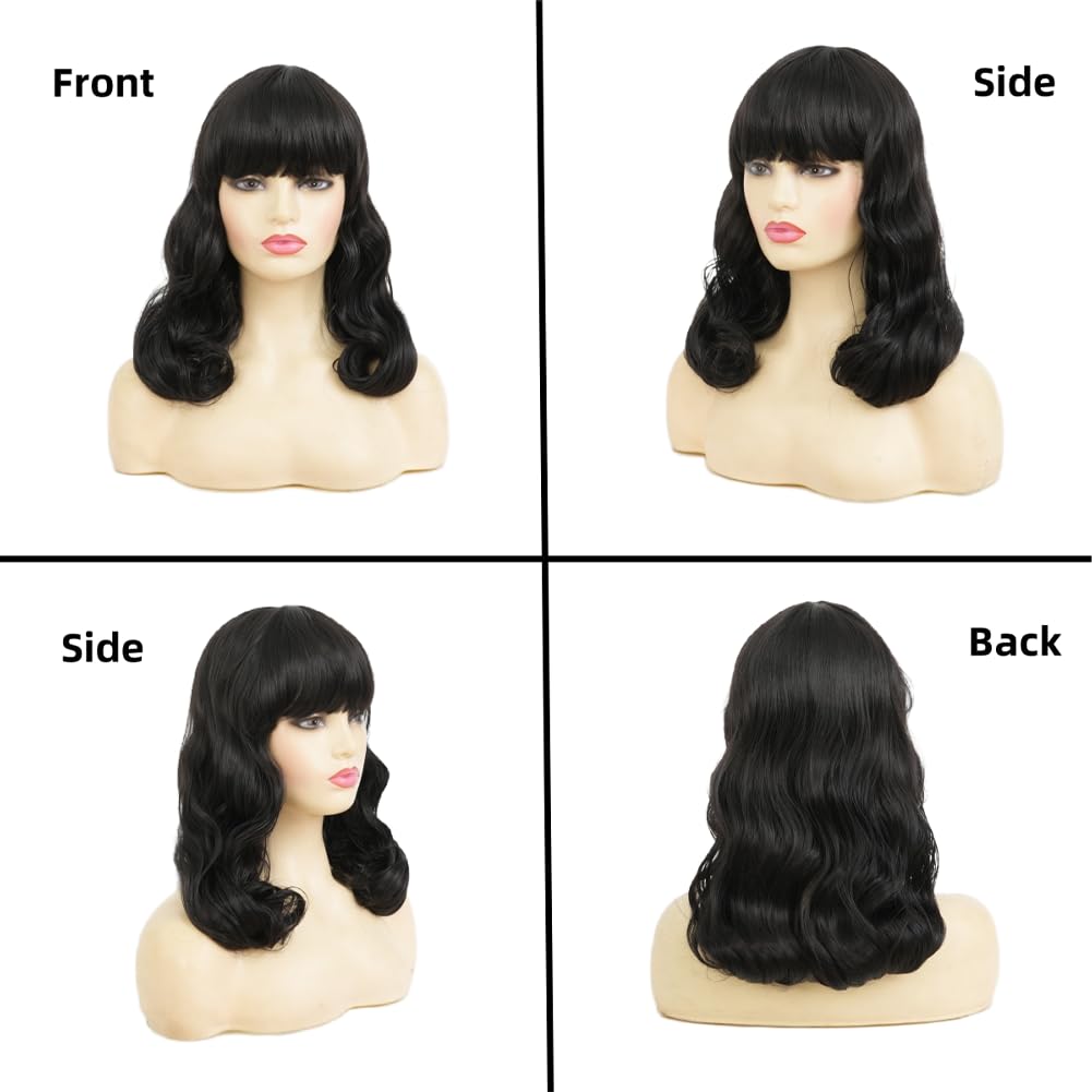 Dai Cloud Black Finger Wave Wigs for Women Long Curly Black Wigs with Bangs 1920s Women Vintage Hair Halloween Cosplay Party Costume Wig
