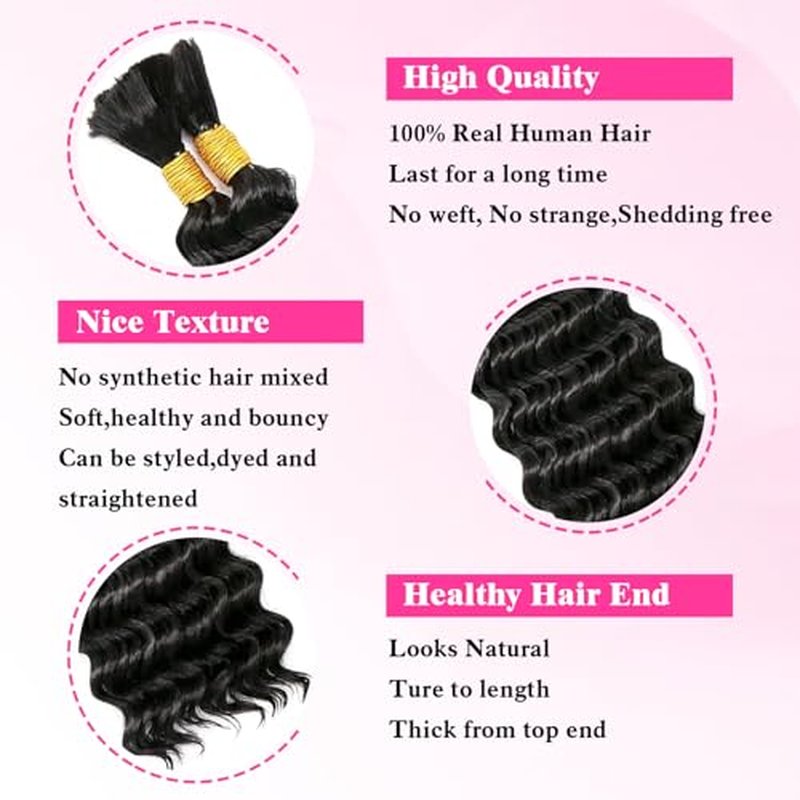 Deep Wave Bulk Human Hair for Braiding 100% Unprocessed Brazilian Virgin Human Hair for Boho Knotless Braids 100g 28 Inch Human Hair Braiding Hair 1B Braiding Hair No Weft