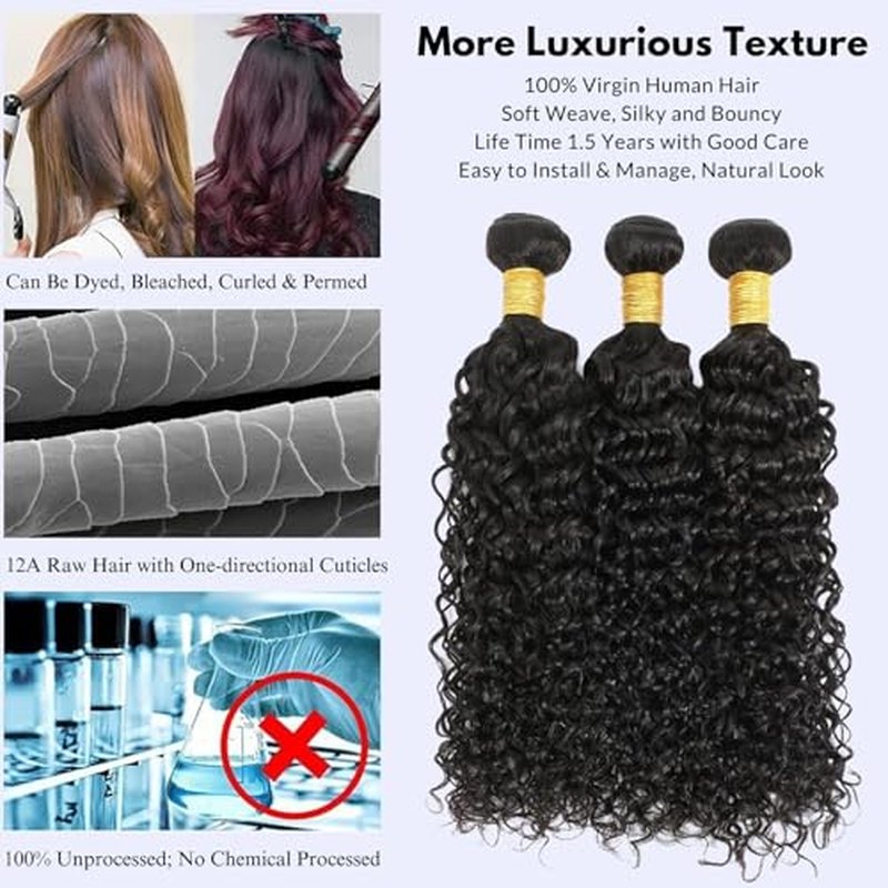 Water Wave Human Hair Bundles Curly Bundles, Natural Black Wet And Wavy Sew In Weave, Soft & Shed-free 12A 100% Brazilian Virgin Remy Hair 3 Bundles 14 16 18 Inch