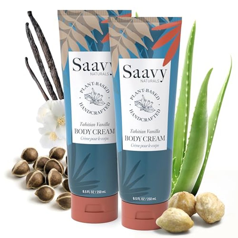 Saavy Naturals Body Cream Tahitian Vanilla, Clean Plant-Based Ingredients| Made In USA | Absorbent Shea Butter Vegan, Thick and Creamy Body Moisturizer, Body Lotion for Dry Skin- 8.5 Fl Oz, 2 Pack