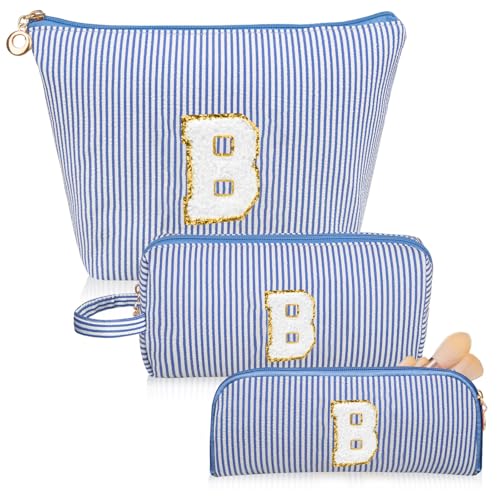 Initials Makeup Bag Set, Personalized Blue Cosmetic Bag, Cute Large Make up Bags, Travel Toiletry Bag for Women Girl Gifts B (Blue)