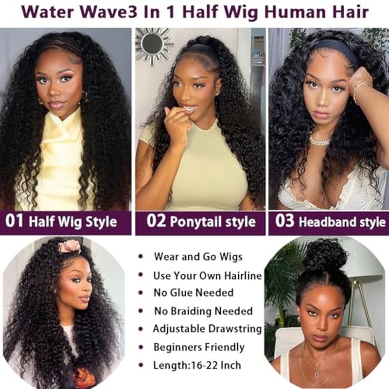 16 Inch Curly Half Wig Human Hair 220% Density Water Wave Half Wig 3 In 1 Seamless Flip Over with Drawstring Invisible Hairline Beginner Friendly Wear and Go Glueless Wigs Headband Wig for Women