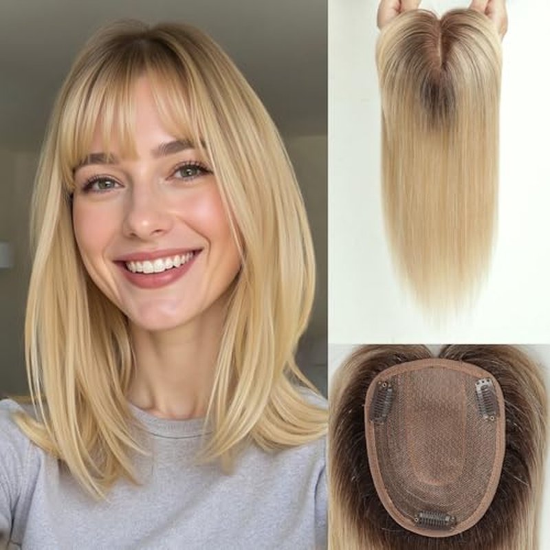 starluck Hair Toppers for Women Real Human Hair with Bangs 4.5"*5.5"Large Base 14 Inch 100% Real Human HairToppers for Women with ThinningHair Cover Gray Roots(ombre Light Blonde)
