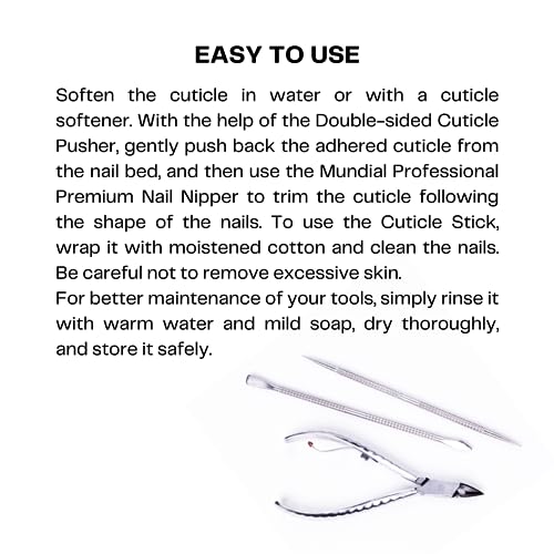 Mundial Nail Care 3 Piece Set - Professional Stainless Steel Cuticle Nippers with Double Nail Spatula and Pusher, Manicure, and Pedicure Trimmer Kit