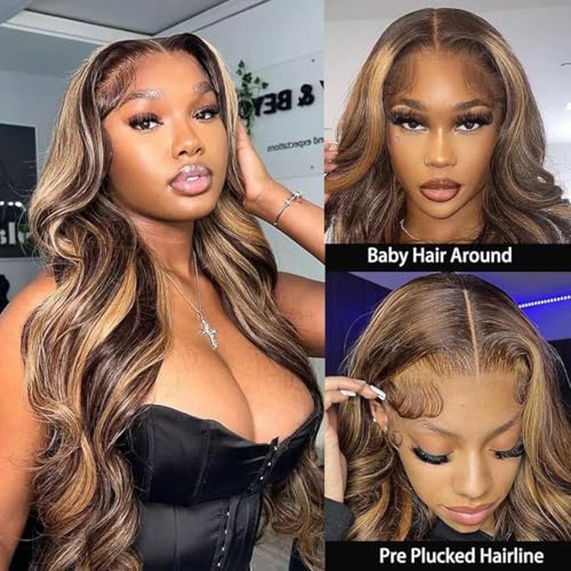 Honey Blonde Ombre Lace Front Wig Human Hair 13x4 HD Lace Front Wig 4/27 Highlight Ombre Body Wave Lace Frontal Glueless Wigs Pre Plucked with Baby Hair 28 Inch