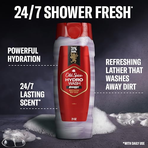 Old Spice Moisturizing Body Wash for Men, Hydro Wash, 2-in-1 Long Lasting Scent & Deep Hydration, 24/7 Shower Fresh, Swagger Scent, 21 oz (Pack of 4)