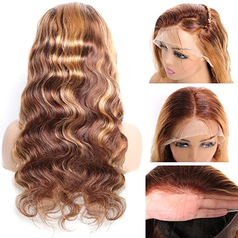 Body Wave Highlight Ombre Lace Front Wig Human Hair Pre Plucked 13x4 HD Transparent 4/27 Colored Honey Blonde Lace Frontal Wigs with Baby Hair 200% Density Lace Front Wigs For Women (24 Inch)